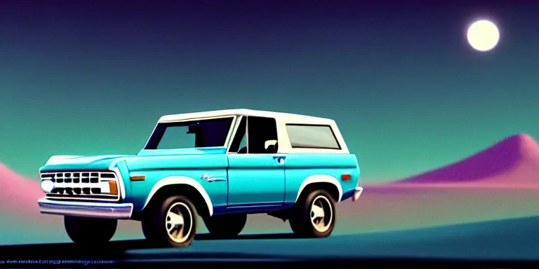 Prompt: a cinematic keyframe matte painting of a sleek 1 9 7 0 s vaporwave concept vehicle retro - futurism sci - fi sky blue ford bronco car in an open garage in the colorado, view from the street. in the moonlight. by eric lafforgue, glennray tutor and edward hopper, greg rutkowski. trending on artstation.