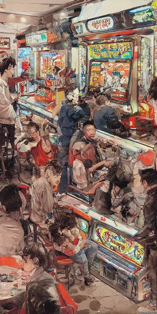 Image similar to oil painting scene from amusement arcade by kim jung gi