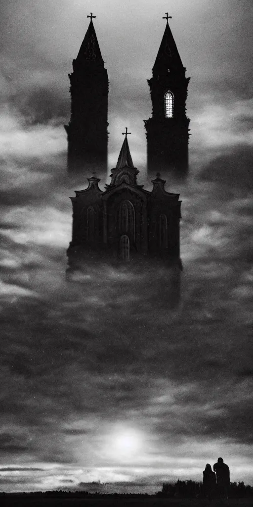 Prompt: alexei navalny with vladimir putin together, dark gloomy church, midnight, moon, film, horror, thunder sky, rain, sadness, depression, fog, darkness