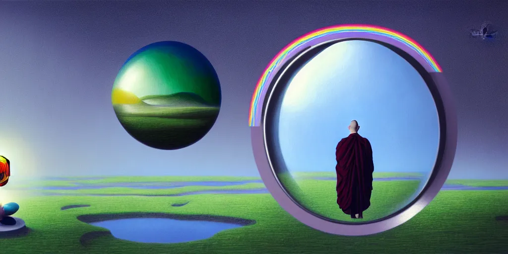 Image similar to neurograph, very very beautiful landscape, an echo a rainbow and a dream, monks praying in a temple forest through a spherical lens, surrealism, intricate, elegant, highly detailed, digital painting, trending on artstation, concept art, sharp focus, by rene magritte, moebius, wide shot