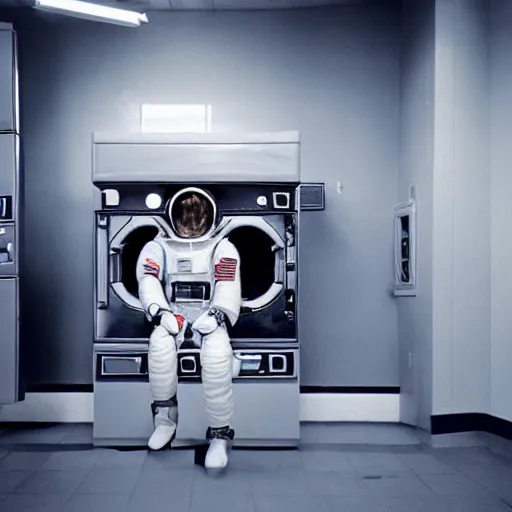 Image similar to a beautiful photo of an astronaut waiting in a laundromat, 1970', soft light, photorealistic, realistic, octane, 8k, cinematic shot