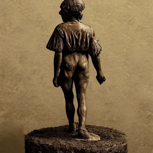 Image similar to high resolution photograph of a bronze cast sculpture of a sad peasant boy in the style of carl spitzweg