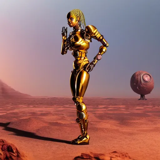 Prompt: a female woman, synthetic gold cyborg creature with large eyes, standing on a martian landscape, cinematic movie scene, inspired by the movie the fifth element, by kim jung gi, hyperrealistic, fine details, octane render, volumetric lighting