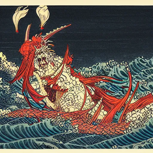 Image similar to luminus angelic chilled rapids diamond pollock beads and yarn broth demon , by Katsushika Hokusai and Ernst Max and Ted Nasmith , Marvel Comics , pencil sketch , Tilt shift