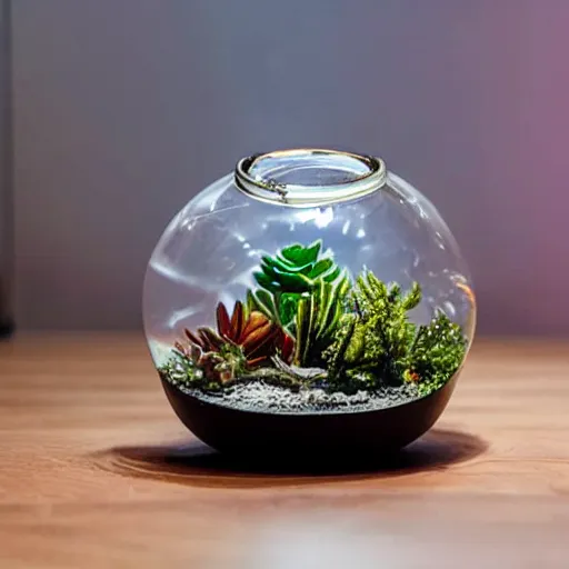 Prompt: a terrarium with cozy cabin on fire, night, inside on top of a minimalist table, lit from the side