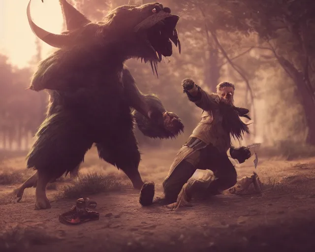 Image similar to gerald of rivia fighting with fursuit cosplayers, cinematic, concept art, wlop, beeple, highly detailed, face, hands, unreal engine, octane render