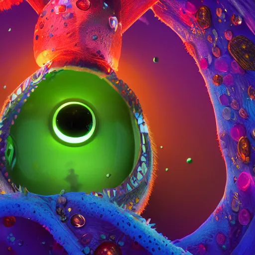 Image similar to the fourth dimension, expressive eyes, floating, rbc, radiolaria, protophyta, micro - organisms, center frame, symmetric, rim light, marine microbiology, bioluminescence, electric, fur, soft, concept art, intricate details, highly detailed, colorful, photorealistic, disney pixar, octane render, iridescent, anime, 8 k