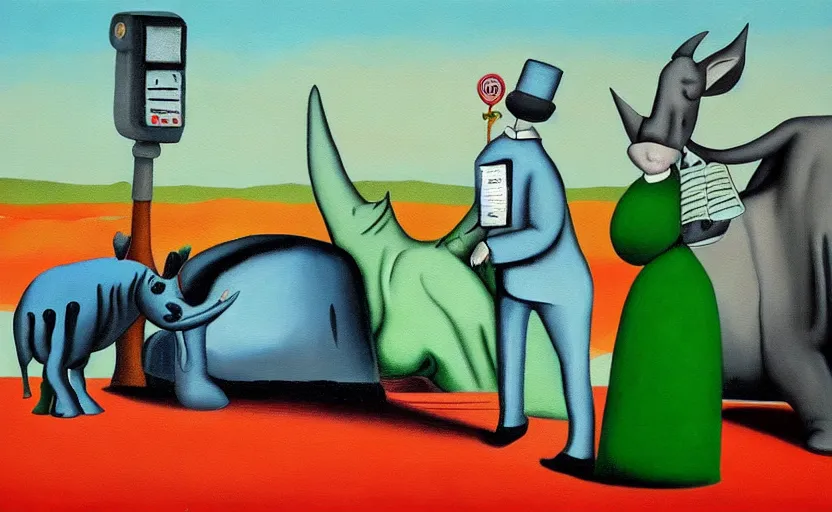 Image similar to a painting in the style of Yves Tanguy , a parking meter stands in the middle of a desert. Next to the parking meter we see a priest, a woman in a green dress , and a rhinoceros .