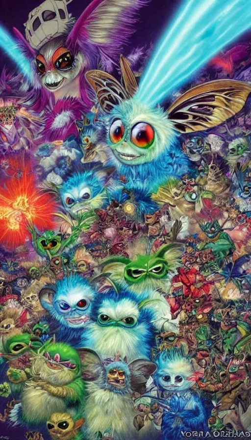 Image similar to gremlins vs mothra vs stephen hawkin art by Noriyoshi Ohrai and Lisa Frank