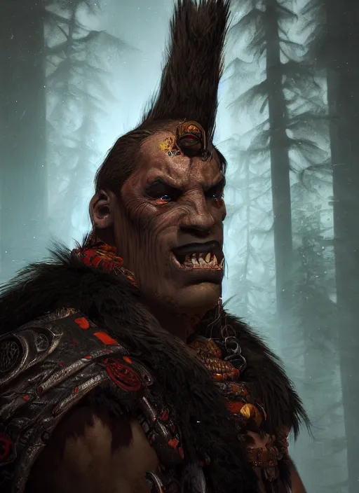 Image similar to A fantasy comic book style portrait painting of a shaman orc in a atmospheric dark fortress, unreal 5, DAZ, hyperrealistic, octane render, RPG portrait, ambient light, dynamic lighting