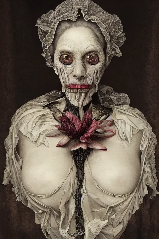 Image similar to Detailed maximalist portrait of a beautiful old woman with large lips and eyes, scared expression, botanical skeletal with extra flesh, HD mixed media, 3D collage, highly detailed and intricate, surreal illustration in the style of Caravaggio, dark art, baroque, centred in image