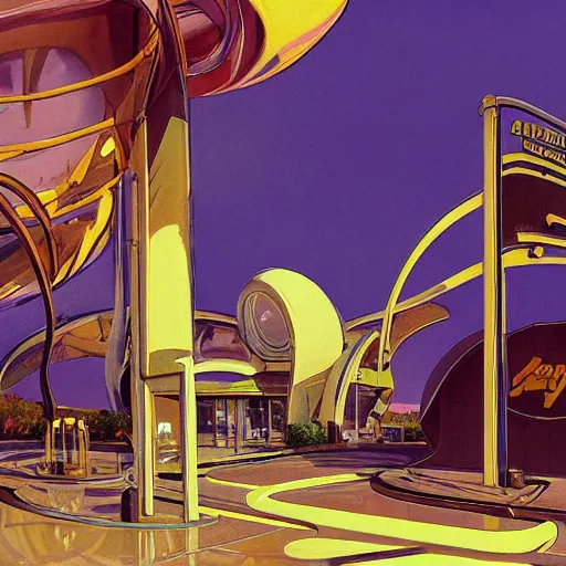 Image similar to painting of syd mead artlilery scifi organic shaped gas station with ornate metal work lands on a farm, fossil ornaments, volumetric lights, purple sun, moebius