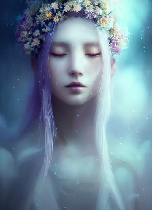 Image similar to a beautiful majestic white queen with flowers on her hair, glowing light orbs, intricate concept art, elegant, digital painting, smooth, sharp focus, ethereal mist, deep colors, illuminated lines, outrun, vaporware, dark background, cyberpunk darksynth, ethereal, ominous, misty, 8 k, rendered in octane, by ruan jia and miho hirano
