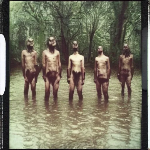 Image similar to Polaroid photo of a satanic cult in the swamp