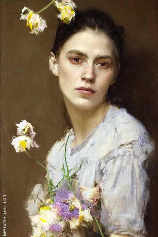 Image similar to Richard Schmid and Jeremy Lipking and Antonio Rotta full length portrait painting of a young beautiful traditonal dutch woman holding flowers