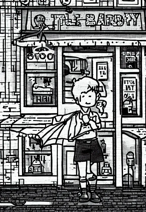 Prompt: little boy holding an umbrella in front of a bar at night, full moon, pixel art, black and white artwork