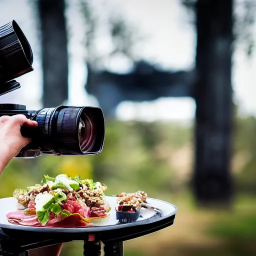 Image similar to “a high resolution picture of a camera on a tripod taking a picture of gourmet food”