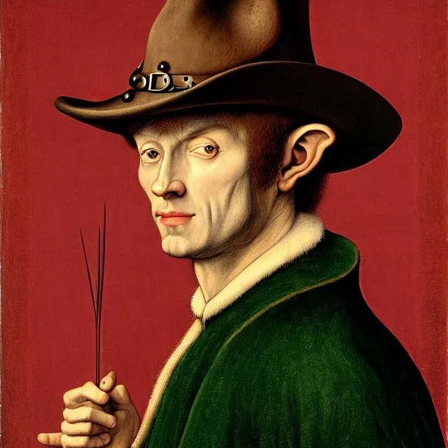 Prompt: 3/4 bust portrait of a shifty high fantasy elf sheriff with pointy ears wearing a cowboy hat by Jan van Eyck, 8k scan