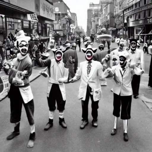 Image similar to gang of 1950s clowns protesting in the streets, shot on point and shoot camera