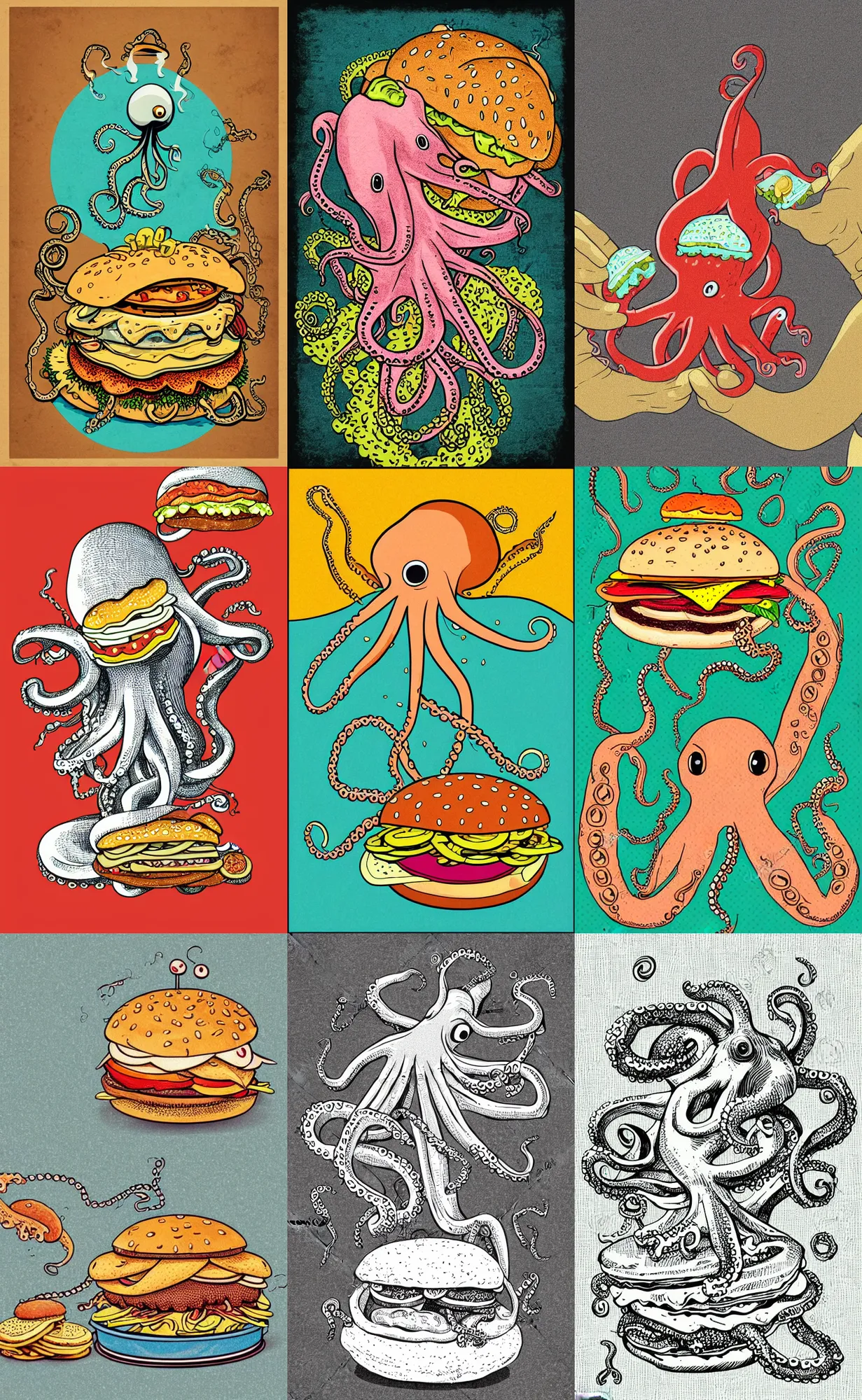 Prompt: hand drawn illustration, octopus eating a hamburger, vintage style, highly detailed