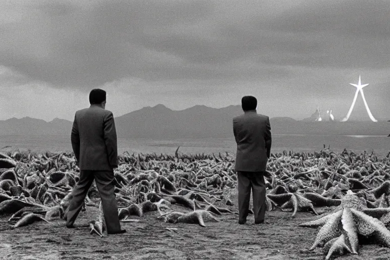 Prompt: a filmstill of Kim Jong-il looking at a giant starfish Kaiju monster destroying Pyongyang, in Stalker (1979) by Andreï Tarkovski, traditional Korean city, palace, epic ultrawide shot, cinémascope