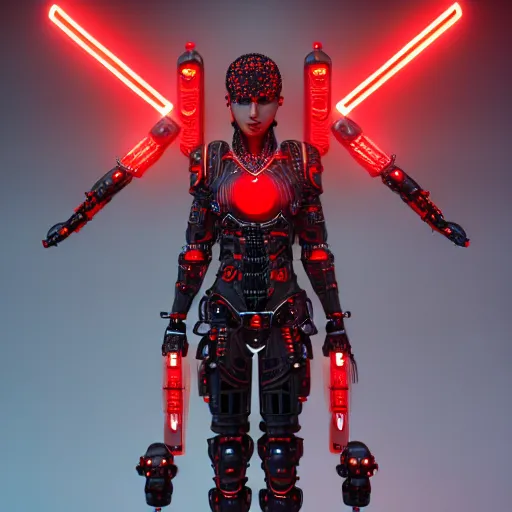 Image similar to cybernetic female warrior with glowing red heaphones and glowing red intricate sigils of death covering her body, intricate detail, finely detailed, small details, extra detail, trending on artstation, high resolution, 3D