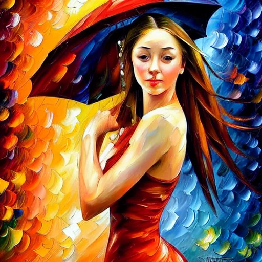 Image similar to highly detailed painting of a beautiful young woman, dancing in the rain, intricate, high quality oil painting artstyle, in the style of leonid afremov, deviantart, figurative art, deviantart, ilya kuvshinov, lovecraftian, very detailed face, portrait