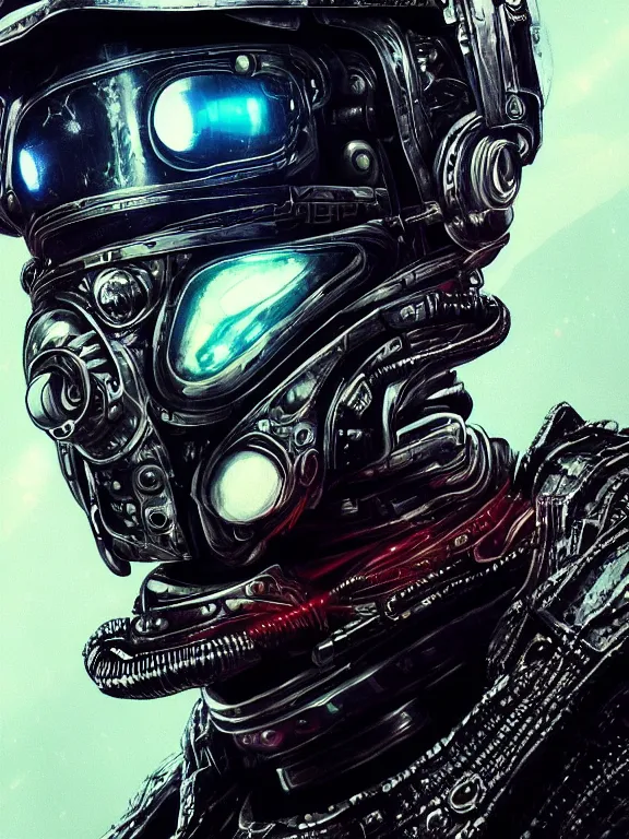 Image similar to portrait art of 8k ultra realistic retro futuristic undead astronaut , galaxy reflected helmet , detailed intricate ornate armour,blade runner, cybernetic, full of colour, cinematic lighting, battered, trending on artstation, 4k, hyperrealistic, focused, extreme details,unreal engine 5, cinematic, masterpiece, art by ayami kojima, giger
