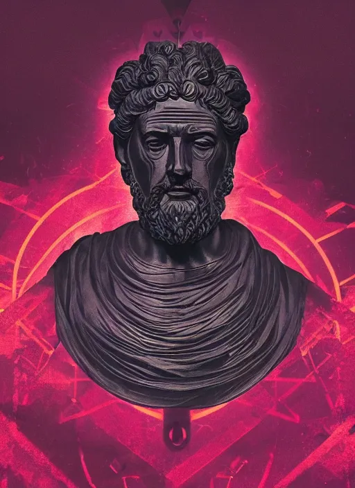 Prompt: black background with very subtle red and purple design elements, statue of marcus aurelius, powerful, nekro, graphic design, collage art, thin lines, dark, glitch art, neo vaporwave, gritty, layout frame, square, trending on artstation