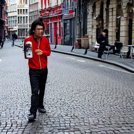 Prompt: very long haired Asian man with some facial hair skating and drinking a Jupiler beer in Brussels