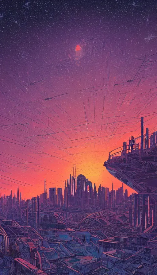 Image similar to The abandoned lands of the city under starlit sky at sunset, futurism, da vinci, Dan Mumford, Josan Gonzalez