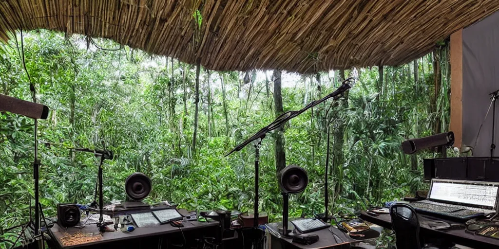 Image similar to a dream recording studio in the jungle by james gurney