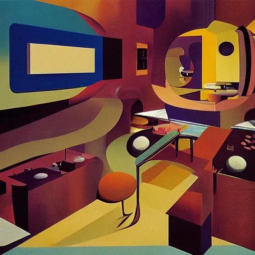 Image similar to retrofuturistic interior in cubism by salvador dali and dan McPharlin,