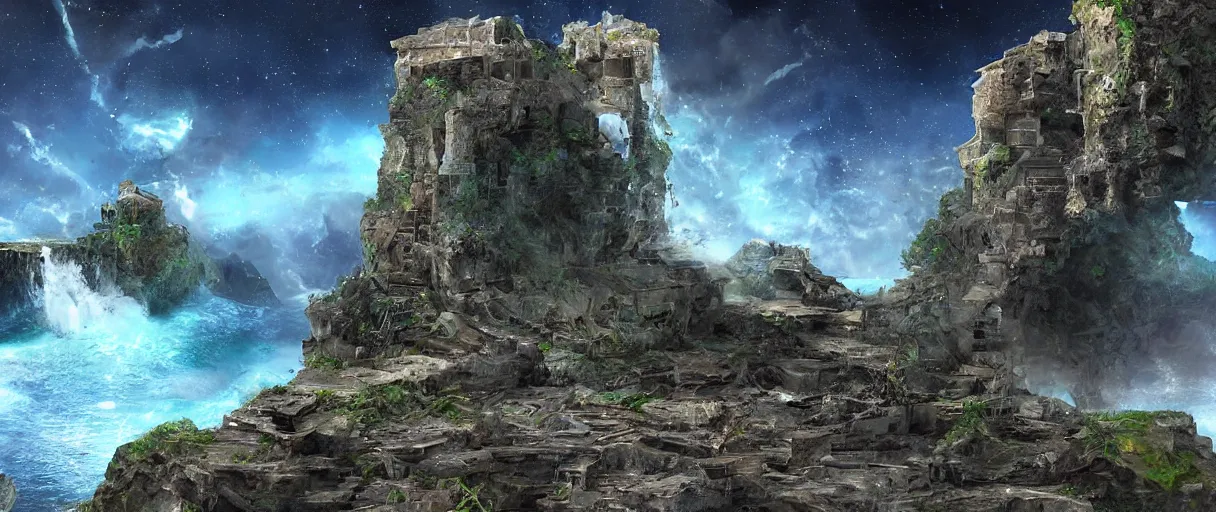 Image similar to a crumbling island in space, waterfalls, in style bruce ricker, digital art, detailed, depth of field