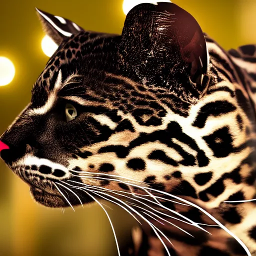 Prompt: profile shot of a black and red ocelot with black background, strong bokeh, dramatic, cinematic, high contrast, octane render, 4k