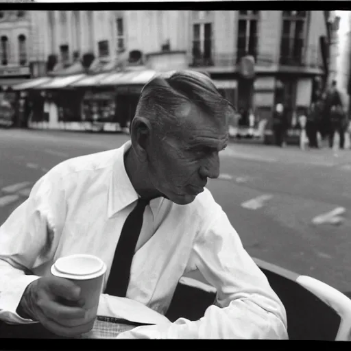 Image similar to grainy abstract expired film photo of a gentleman drinking coffee, 1960s Paris by Henri Cartier-Bresson, 50mm lens cinematic, black and white filter