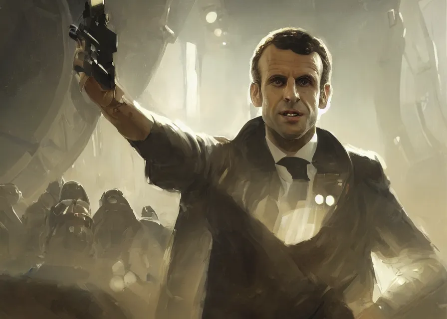 Prompt: painting of Emmanuel Macron as a senator in Star Wars, inside the galactic senate, sharp focus, trending on ArtStation, masterpiece, by Greg Rutkowski, by Ross Tran, by Fenghua Zhong, octane, clear eyes, soft render, oil on canvas, moody lighting, cinematic