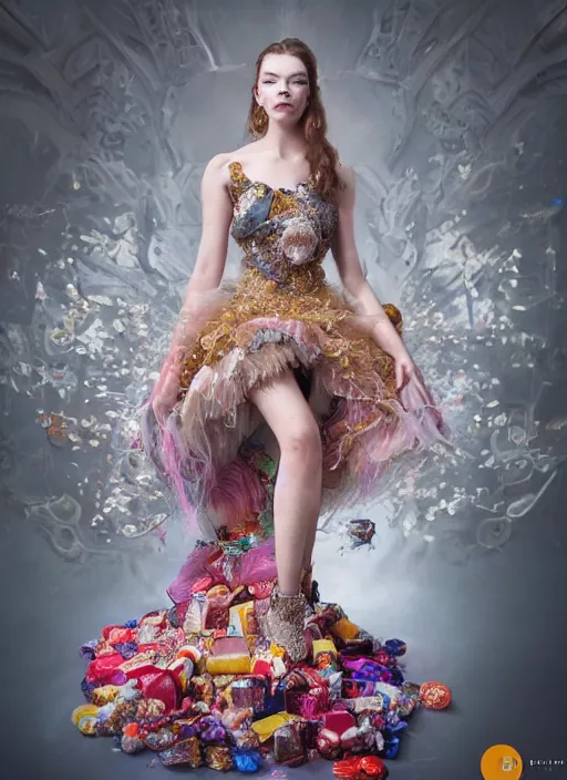 Image similar to expressive full body photo of anya taylor - joy, dress made of sweets and candies, glamour shot, by karol bak, stefan gesell, photorealistic, nikon d 4 x, fashion photography, hyper maximalist, elegant, ornate, luxury, elite, environmental portrait, symmetrical features, octane render, unreal engine, solid dark grey background, dramatic lights