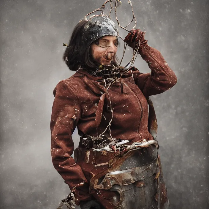 Image similar to a closeup portrait of a woman wearing a ski suit made of rusted metal scraps, picking plums from a tree in an orchard, foggy, moody, photograph, by vincent desiderio, canon eos c 3 0 0, ƒ 1. 8, 3 5 mm, 8 k, medium - format print