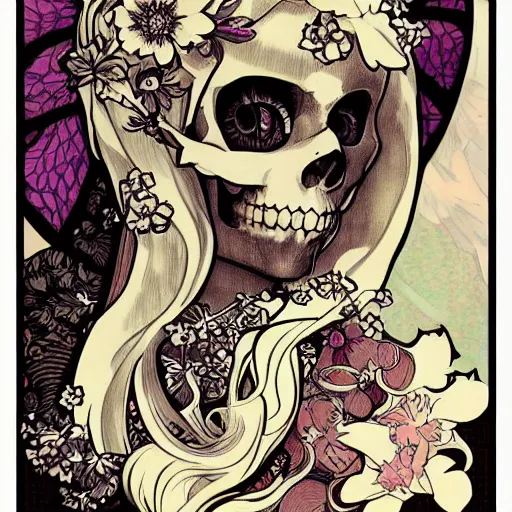 Image similar to anime manga skull portrait face skeleton with birds and nature illustration style by Alphonse Mucha and disney comic pop art nouveau