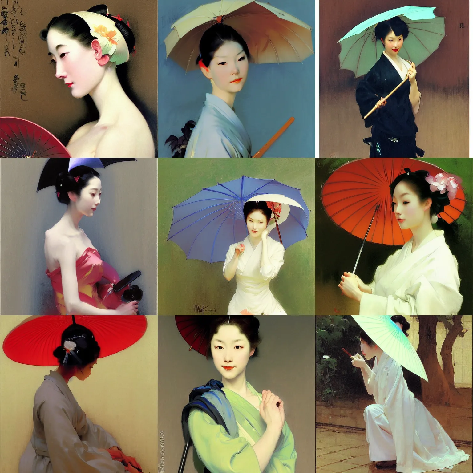 Prompt: yanjun cheng portrait of a beautiful geisha holding umbrella by norman rockwell, bouguereau