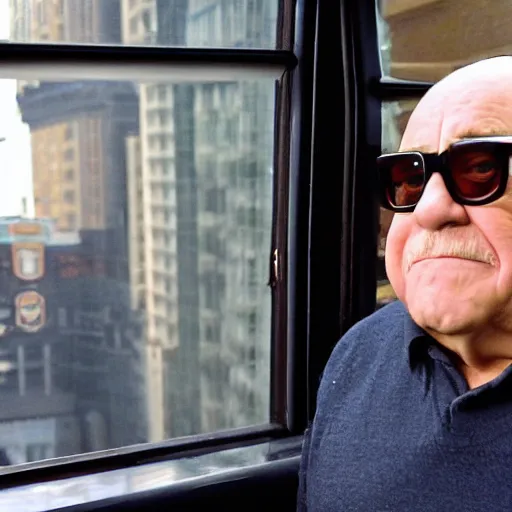 Prompt: <photograph accurate=true quality=very-high>looking out the window at a busy city street</photograph><photobomb>Danny Devito</photobomb>