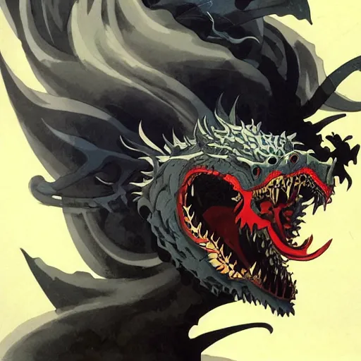 Prompt: close-up head of a furious dragon by Katsushika Hokusai, Pete Mohrbacher, Yoji Shinkawa + dark clouds + Portrait + gothic illustration + Trending on Artstation + Intricate details