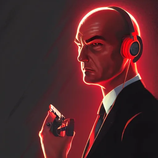 Image similar to a portrait pf agent 4 7 from hitman wearing headphones, red background, rim light, highly detailed, digital art, artstation, concept art, smooth, sharp focus, greg rutkowski, wlop