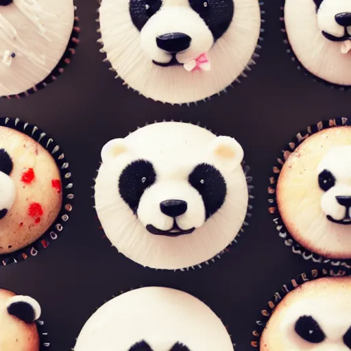 Prompt: cupcakes looking like panda faces, food photography, centered, bokeh, studio lighting