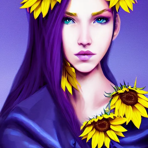 Image similar to a beautiful stunning matte digital portrait illustration of a blue-eyed woman with freckles and violet hair wearing a yellow sunflower crown, in the style of Ross Tran, trending on artstation, contest winner