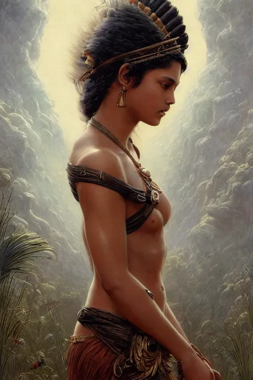 Image similar to Beautiful Maori princess - in the style of greg rutkowski,symetrical,orantalist,photo realistic,8k,epic, ultra detailed, by Gustave Doré, by Marco Turini, by Artgerm, Deviantart in the style of Tom Bagshaw, Cedric Peyravernay, Peter Mohrbacher by William-Adolphe Bouguereau, by frank frazetta, bloom, soft features