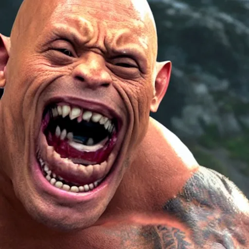 Image similar to gollum as Dwayne the rock Johnson, laughing