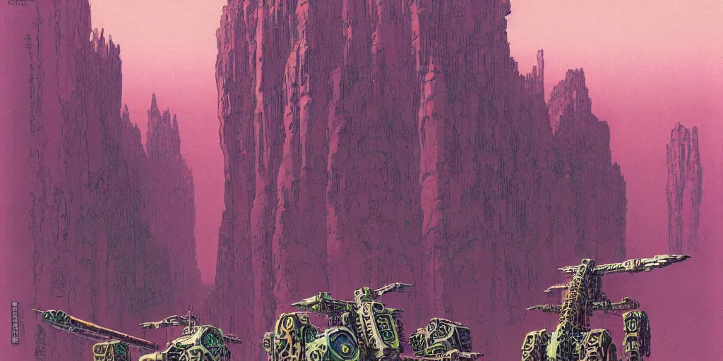 Prompt: grainy risograph matte painting of exotic animals on tall legs, gigantic huge mech with huge swords, pastel matte colors, staying in the toxic canyon, by moebius, hyperrealism, intricate detailed