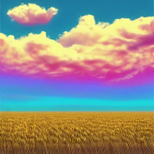 Prompt: “cotton candy clouds over a field of wheat and rivers of chocolate, high definition, digital art, high quality, whimsical, atmospheric”